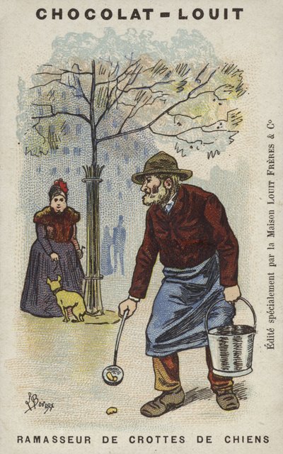 Koiran ulosteiden kerääjä (chromolitho) tekijältä Louis Borgex